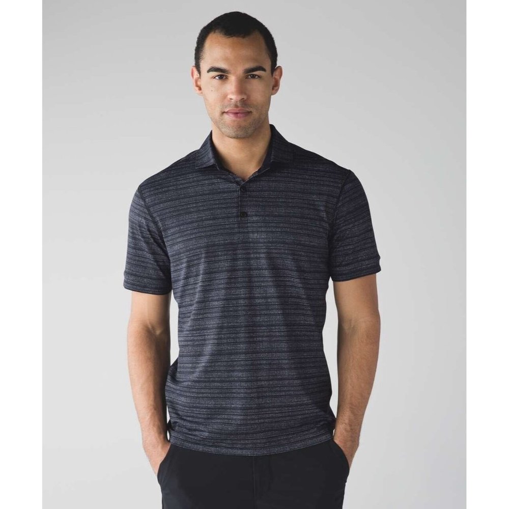 Lululemon Mens Propel Polo Shirt Sz L Charcoal Gray Stripe Golf Performance Top